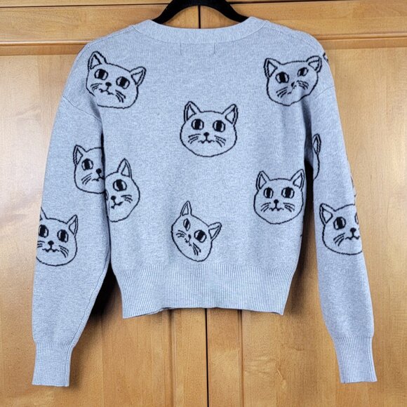 V-Neck Grey Cat Kitten Face Cropped Cardigan - XXS - Picture 4 of 12